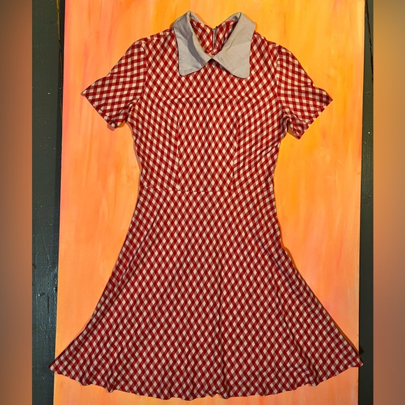 Vintage 60s 70s gingham red white mod dolly skater dress big collar clowncore - Picture 2 of 5